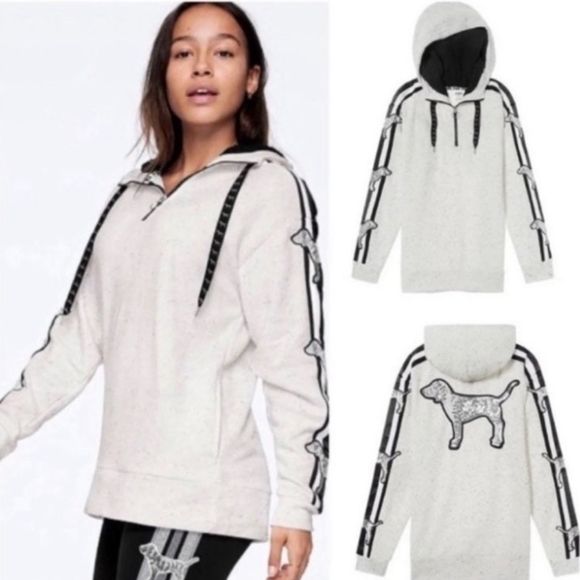 RARE HTF VS PINK MEDIUM PULLOVER FAUX FUR HOODIE GORGEOUS SEQUINS OVERSIZED - Picture 7 of 9